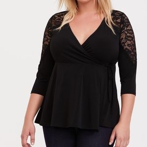 Torrid Size 3 Black Studio Knit Lace Insert Wrap Top